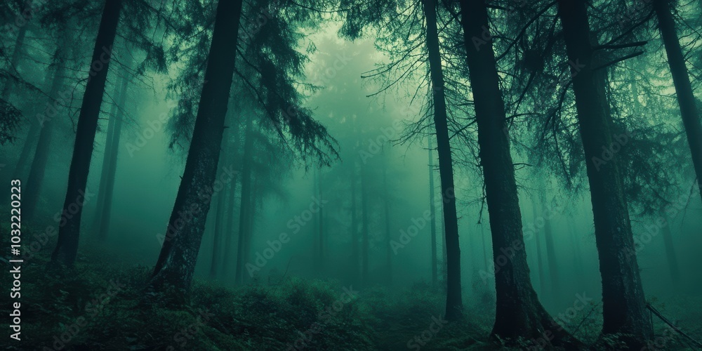 Obraz premium Foggy forest with tall trees.
