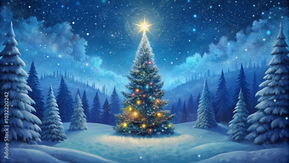 Christmas tree in a snowy forest at night, glowing with holiday lights Christmas tree in a snowy forest at night, glowing with holiday lights