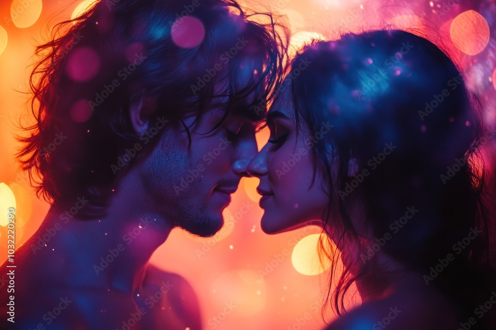 A young couple in love, looking at each other with passion and affection, surrounded by a colorful bokeh background. A young couple in love, looking at each other with passion and affection, surrounded by a colorful bokeh background.
