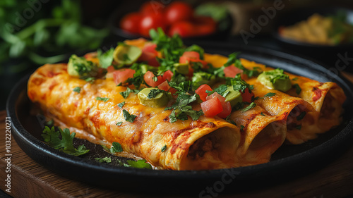 A plate of enchiladas with green herbs and tomatoes. The dish is served on a wooden table