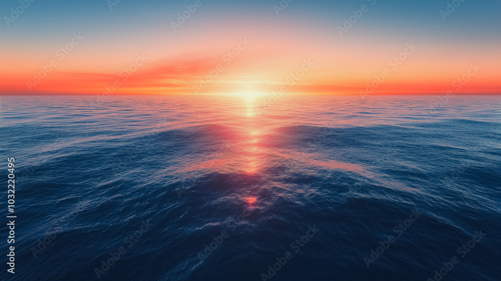 The ocean is calm and the sun is setting, creating a beautiful The ocean is calm and the sun is setting, creating a beautiful