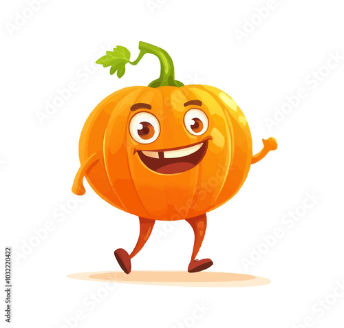 Cartoon groovy pumpkin vegetable character. Lively ripe gourd personage with happy expression. Isolated vector veg cheerfully walking with joyful smile and fun vibe, feeling happiness and excitement