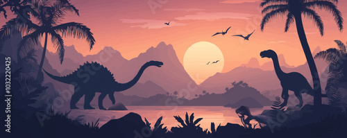 Prehistoric dinosaurs silhouettes in tropical jungles. Vector scene with silhouetted dino species roam landscape with ferns, rocks, palm trees and large sun at dusk sky. Ancient Jurassic era panorama