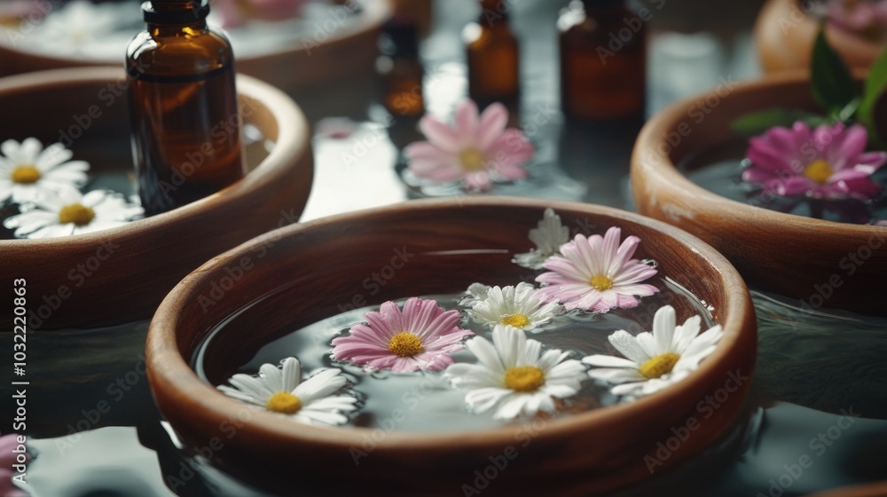 Floating daisies in wooden bowls with aromatherapy oils for tranquil water wellness Floating daisies in wooden bowls with aromatherapy oils for tranquil water wellness