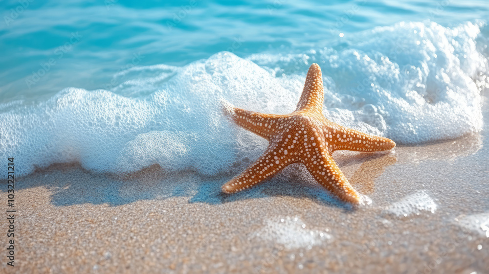 Summer sun beach starfish and spray background Summer sun beach starfish and spray background