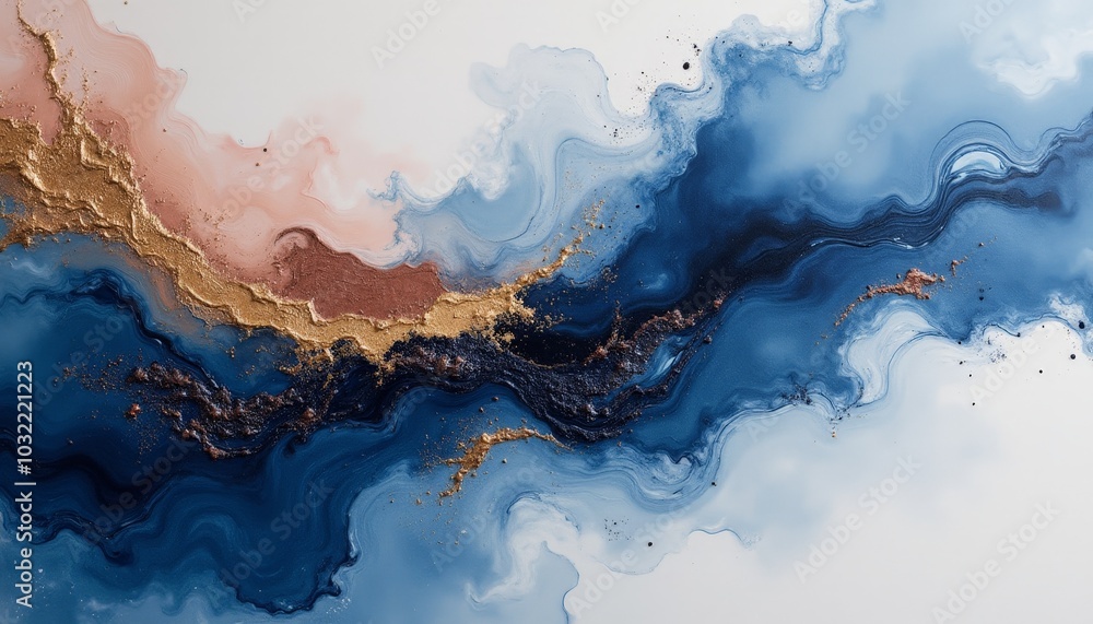 Obraz premium Swirling shades of blue intertwine with golden accents and soft pinks, forming an abstract masterpiece that evokes a sense of calm and fluidity in modern design