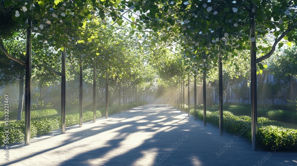 Fototapeta premium Sunbeams through leafy trees, pathway ahead.