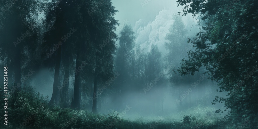Misty forest with tall trees. Misty forest with tall trees.