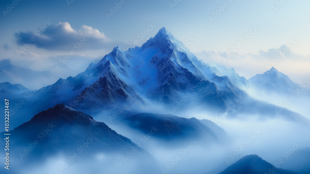 A mountain range covered in snow and clouds. The sky is blue and the mountains are covered in snow A mountain range covered in snow and clouds. The sky is blue and the mountains are covered in snow
