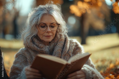 A woman sits in a park on a sunny autumn day, wearing a warm sweater and glasses, engrossed in a book.