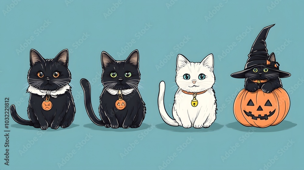 cats in halloween uniforms halloween theme. cute kawaii cats in halloween uniforms halloween theme. cute kawaii
