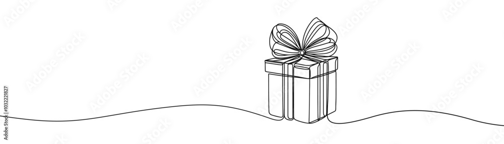 Single drawing with a continuous line on a white background. Gift box with bow, holiday and Christmas concept Single drawing with a continuous line on a white background. Gift box with bow, holiday and Christmas concept