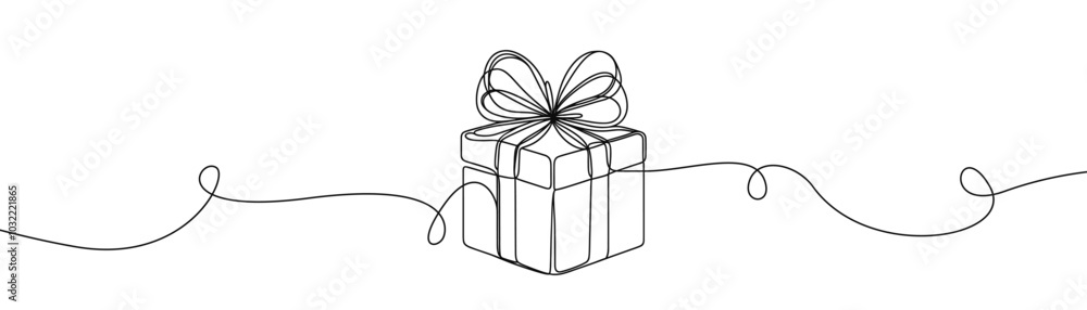 Single drawing with a continuous line on a white background. Gift box with bow, holiday and Christmas concept Single drawing with a continuous line on a white background. Gift box with bow, holiday and Christmas concept