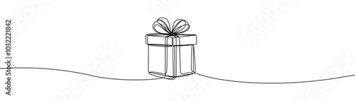 Single drawing with a continuous line on a white background. Gift box with bow, holiday and Christmas concept