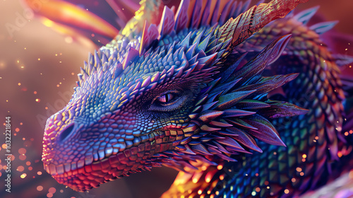 Capture the intricate scales of a majestic dragon from a dramatic worms-eye view using digital rendering techniques, emphasizing vibrant colors and majestic aura