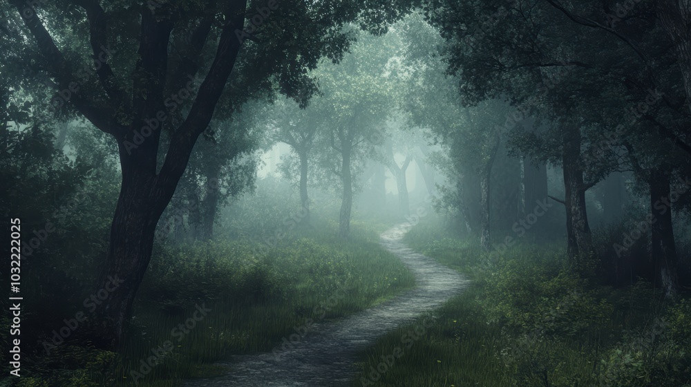 Misty forest path through dense trees. Misty forest path through dense trees.