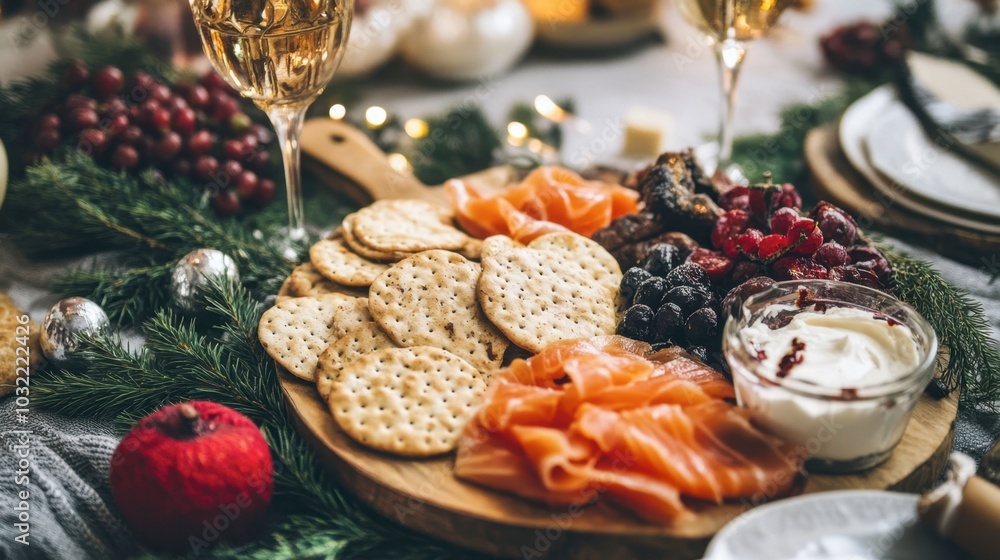Festive platter with salmon, crackers, and fruits Festive platter with salmon, crackers, and fruits