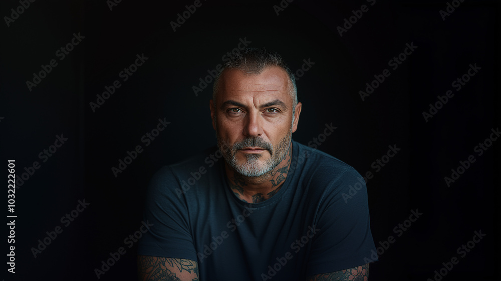 Mature man with tattoos, wearing a dark t-shirt, looking seriously at the camera in a dimly lit room. Mature man with tattoos, wearing a dark t-shirt, looking seriously at the camera in a dimly lit room.