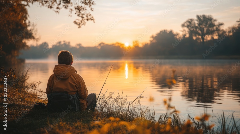 A lone fisherman sits on the bank of a river, casting his line into the water as the sun rises in the distance. The morning mist hangs over the water, creating a serene and peaceful atmosphere. A lone fisherman sits on the bank of a river, casting his line into the water as the sun rises in the distance. The morning mist hangs over the water, creating a serene and peaceful atmosphere.