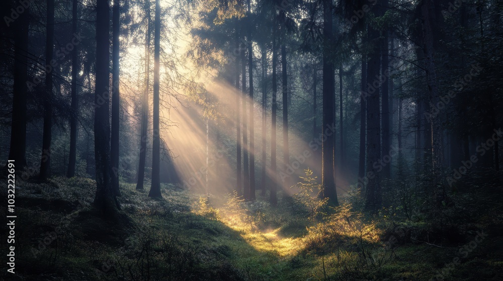 Obraz premium Sunlight beams through misty forest trees.