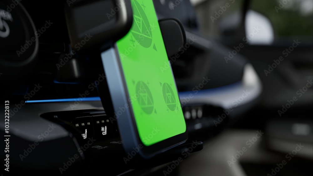 GREEN SCREEN CHROMA KEY A phone mounted on a car dashboard with a green screen, ideal for ride-hailing or navigation app mockups. Daytime, city setting, driving context GREEN SCREEN CHROMA KEY A phone mounted on a car dashboard with a green screen, ideal for ride-hailing or navigation app mockups. Daytime, city setting, driving context