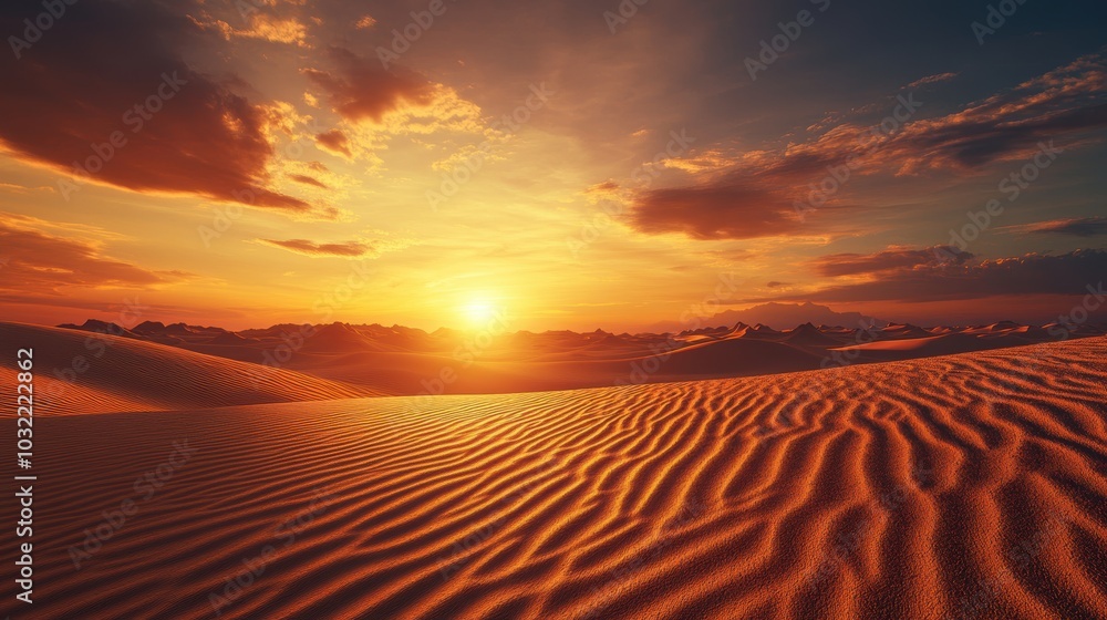 Sunset over a vast, rippling desert landscape. Sunset over a vast, rippling desert landscape.