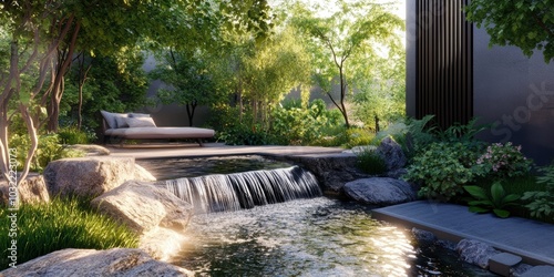 Serene garden oasis with waterfall and lounge chair.