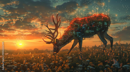 Craft a stunning oil painting of a cybernetic deer grazing in a pixelated meadow at sunset, blending nature with technology in intricate detail photo