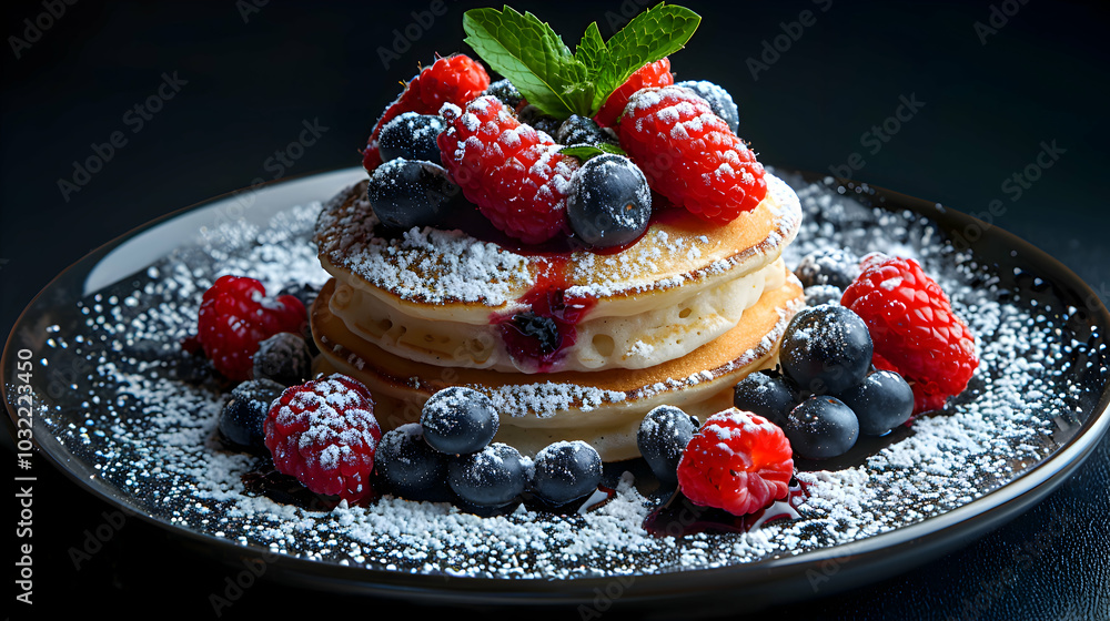 Blueberry pancakes with fresh berries and powdered sugar Blueberry pancakes with fresh berries and powdered sugar