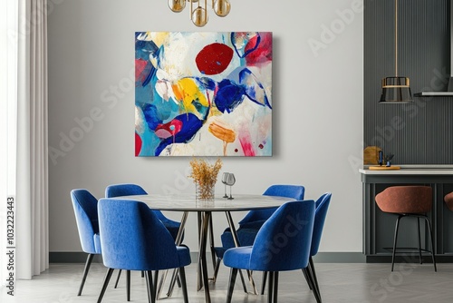 Abstract colorful artwork, modern wall art, dining room decor, bright colors, contemporary art, blue red yellow painting photo