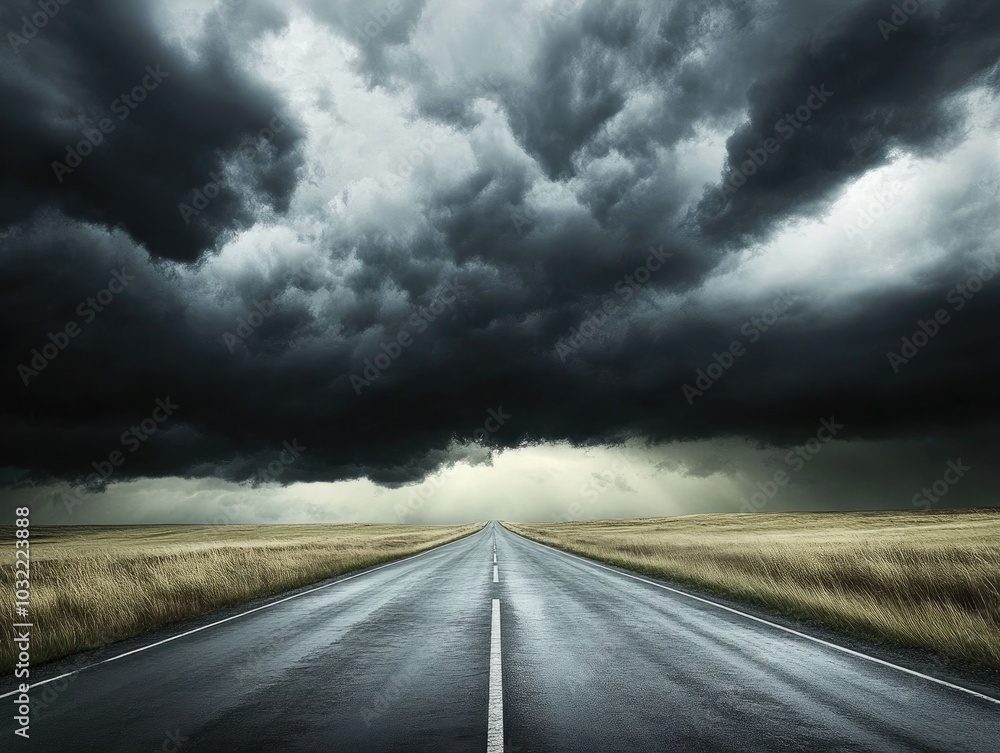 Dark Stormy Sky Over Open Road, Dramatic Clouds and Empty Highway Dark Stormy Sky Over Open Road, Dramatic Clouds and Empty Highway