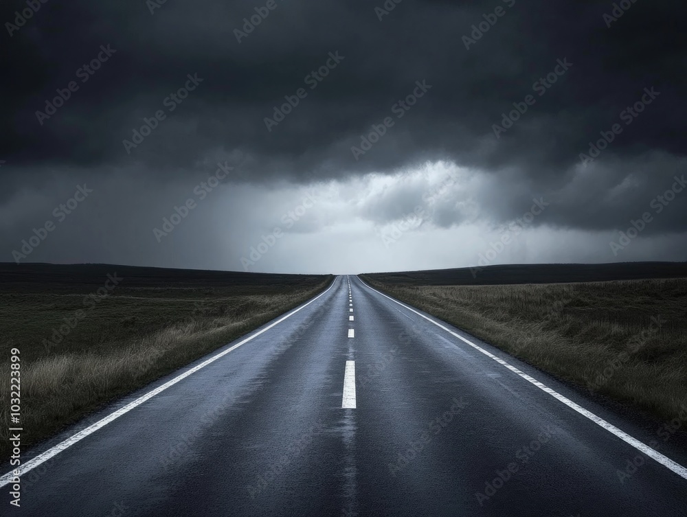 Dark Cloudy Road, Rainy Day Journey, Storm Approaching Horizon, Isolated Highway, Dramatic Weather Scene Dark Cloudy Road, Rainy Day Journey, Storm Approaching Horizon, Isolated Highway, Dramatic Weather Scene