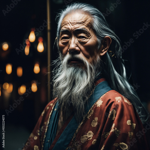 Wise elder man in traditional Japanese robe with long white beard