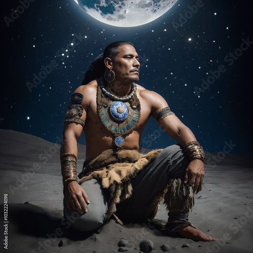 Indigenous warrior sitting under the moonlight with traditional attire and ornaments