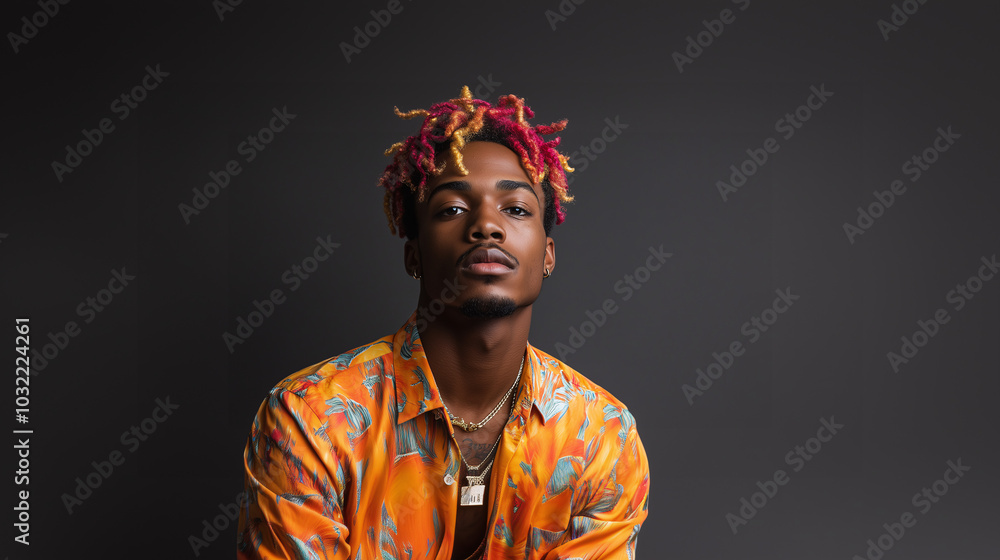 Young man with dreadlocks dyed in vibrant colors, wearing an orange shirt, looking confidently at the camera against a dark background. Young man with dreadlocks dyed in vibrant colors, wearing an orange shirt, looking confidently at the camera against a dark background.