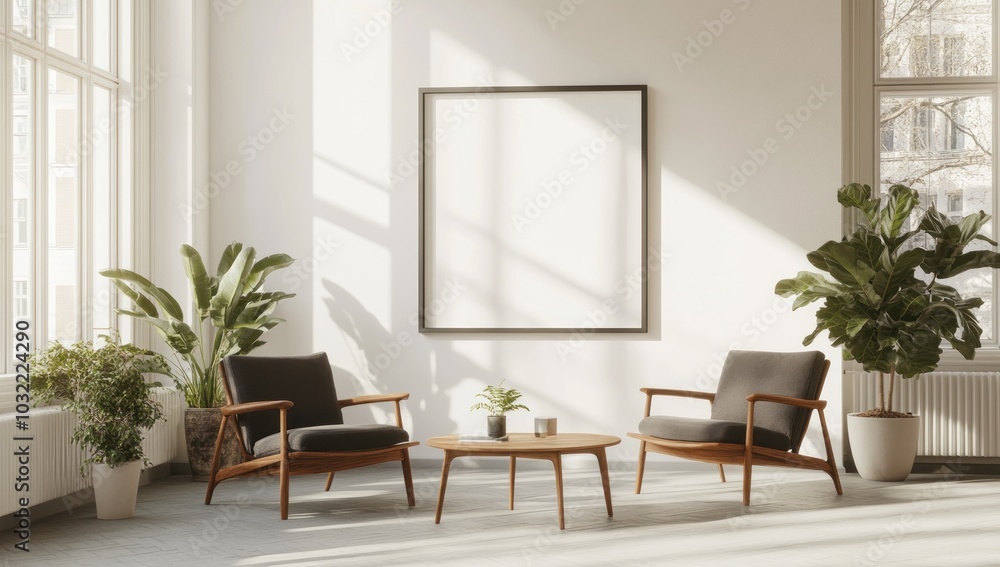 Minimalist Living Room with Empty Frame, Two Chairs, and Plants Minimalist Living Room with Empty Frame, Two Chairs, and Plants