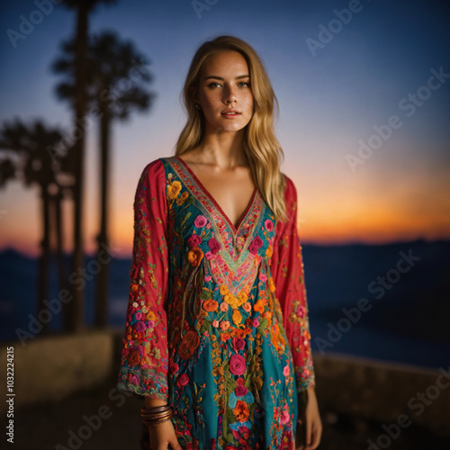 Woman in a vibrant embroidered dress at sunset in a tropical setting