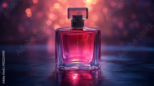 Black background minimalist style high-end perfume bottle frosted pink square glass bottle with cap on the left side of the image product photography high quality, 3D illustration