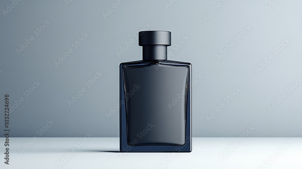Clean white background high-end perfume bottle matte grey square glass bottle with cap on the right side product photography high resolution high quality, 3D illustration Clean white background high-end perfume bottle matte grey square glass bottle with cap on the right side product photography high resolution high quality, 3D illustration