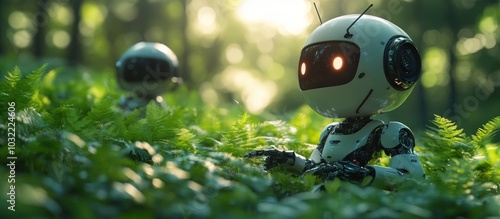 A white robot with glowing red eyes sits in a patch of green ferns. A second robot is out of focus in the background. photo