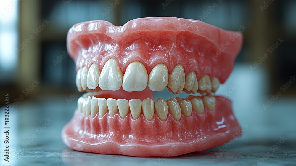 A close-up of a set of dentures on a table with a blurred background. A close-up of a set of dentures on a table with a blurred background.
