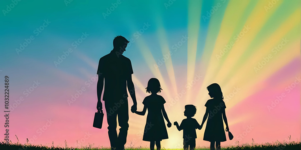 Fototapeta premium Dad on a walk with children against a beautiful sunset background. Calm and uniting atmosphere, love and friendship concept - Generated AI