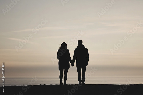 A silhouette of a couple holding hands standing together at sunset against a soft gradient sky on the horizon
