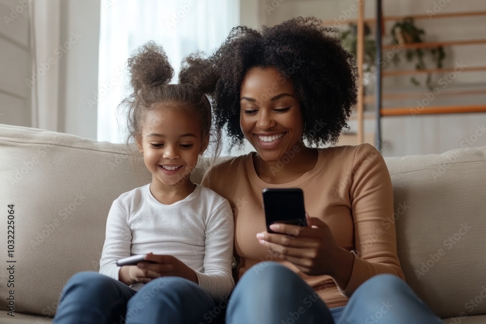 Smiling woman and little girl using cellphone, sitting on couch in living room, browsing internet, watching cartoon together, free space, Generative AI Smiling woman and little girl using cellphone, sitting on couch in living room, browsing internet, watching cartoon together, free space, Generative AI