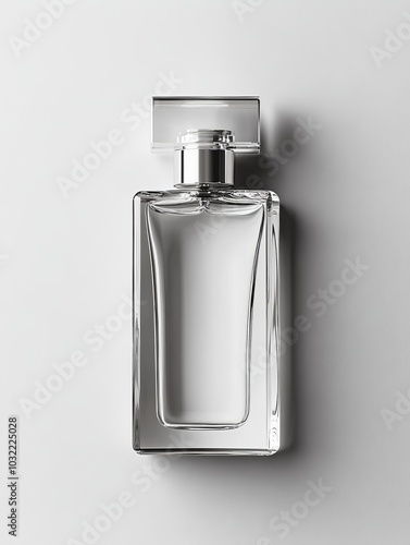 Minimalist white background luxury perfume bottle transparent silver rectangular glass bottle top view product photography high quality clean background, 3D illustration