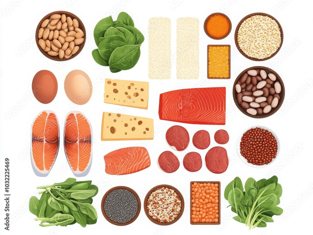 Naklejka premium A vibrant assortment of nutritious foods including fish, eggs, greens, beans, and grains perfect for healthy meals.