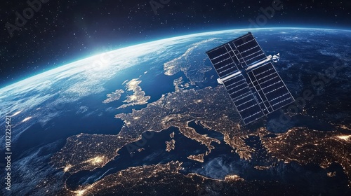 Global internet connectivity via telecommunication satellite in low earth orbit above europe photo