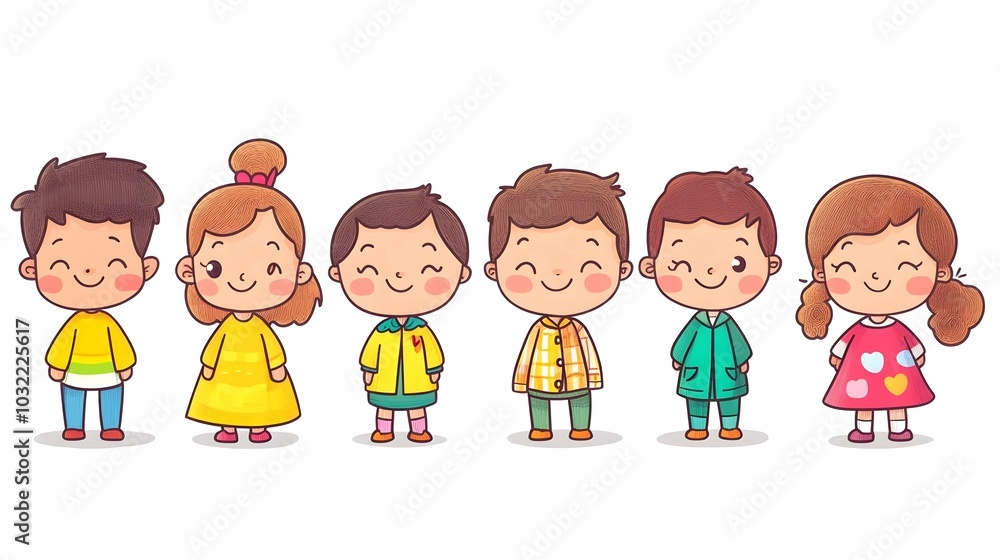 Six happy cartoon children smiling and wearing colorful clothes. Six happy cartoon children smiling and wearing colorful clothes.