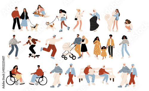 Wallpaper Mural Vector illustration of diverse characters in everyday urban scenes. People walking dogs, skating, using wheelchairs, pushing strollers. Couples, families, individuals of various ages and ethnicities. Torontodigital.ca