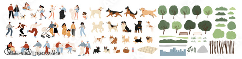 This vibrant vector illustration depicts a diverse community with various dog breeds, multiculturalism and inclusivity. The hand-drawn style emphasizes the warm bond between humans and pets in nature.
